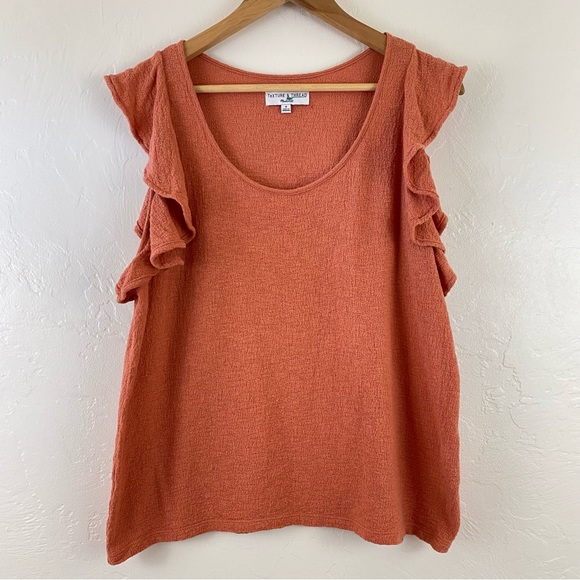 Madewell Size Medium Burnt Orange Ruffled Sleeve Scoop Neck 100% Cotton Blouse - Picture 1 of 4